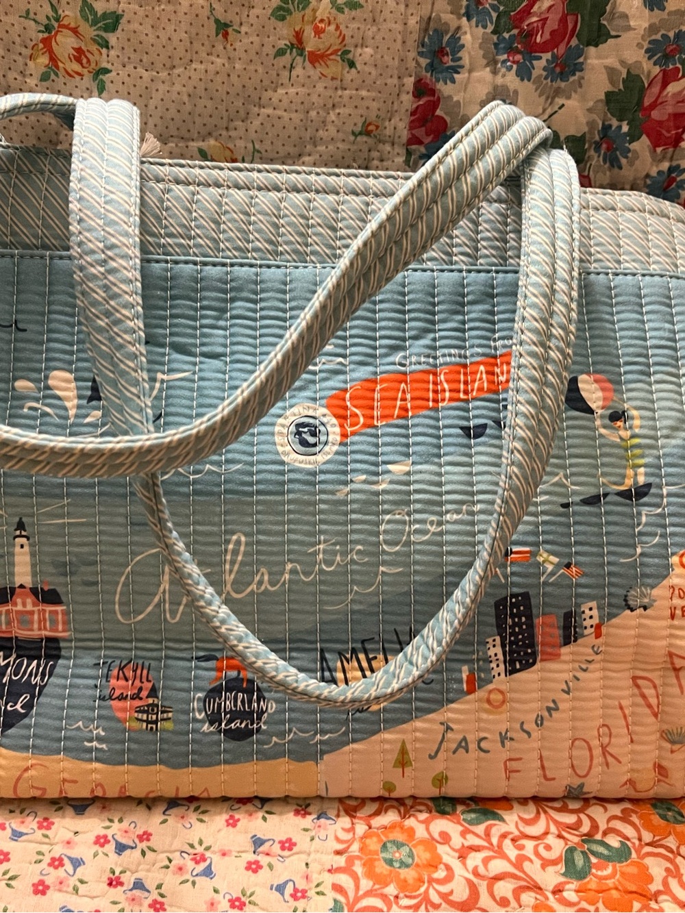 NWT Spartina 449 Sea Islands Quilted Zip Tote Bag Blue Map Coastal Beach 678124 - Picture 3 of 10